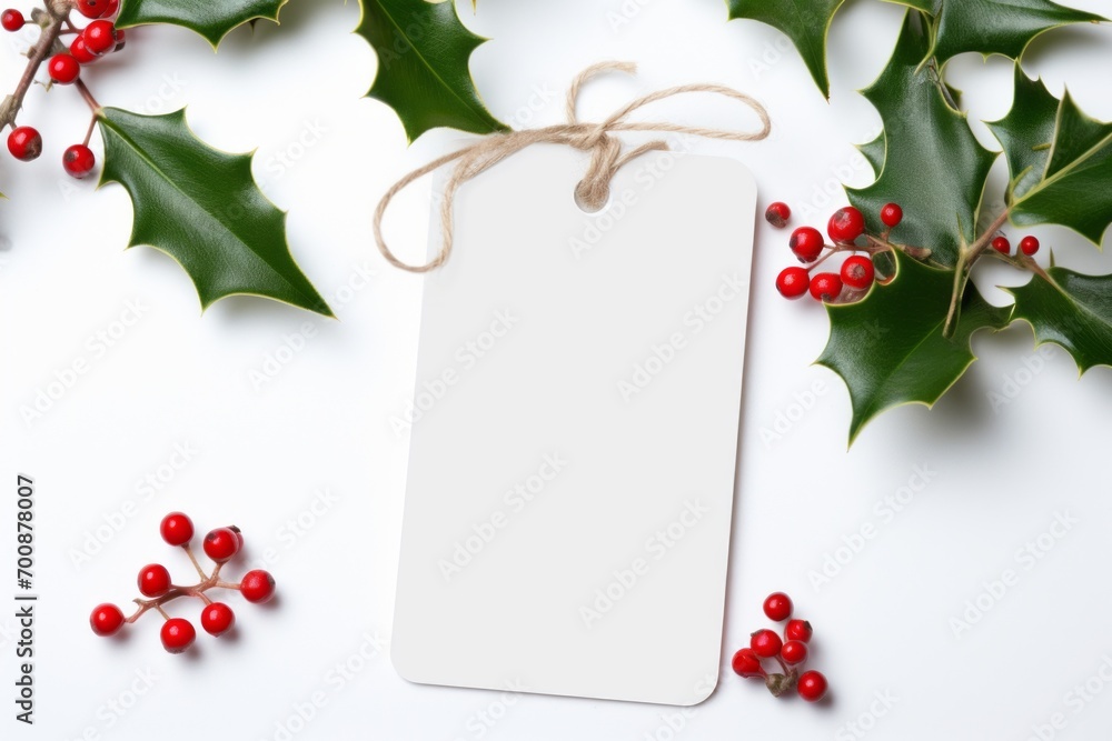 Festive christmas gift tag with holly leaves and red berries
