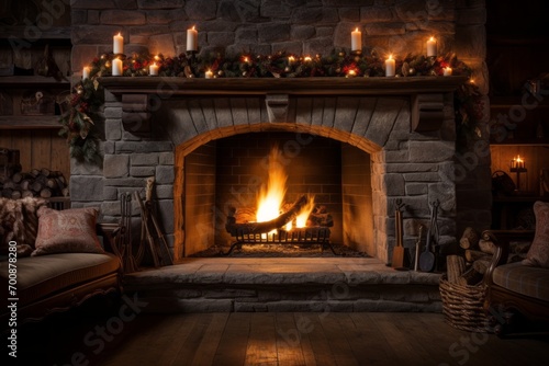 Glowing candles and a warm fireplace creating a cozy holiday ambiance.