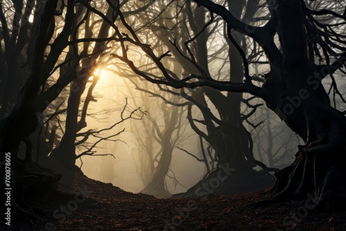 Mystic forest shrouded in mist and touched by the first light of day