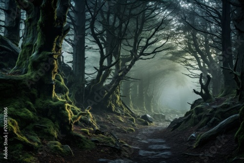 Mystical forest shrouded in mist, creating an atmosphere of wonder