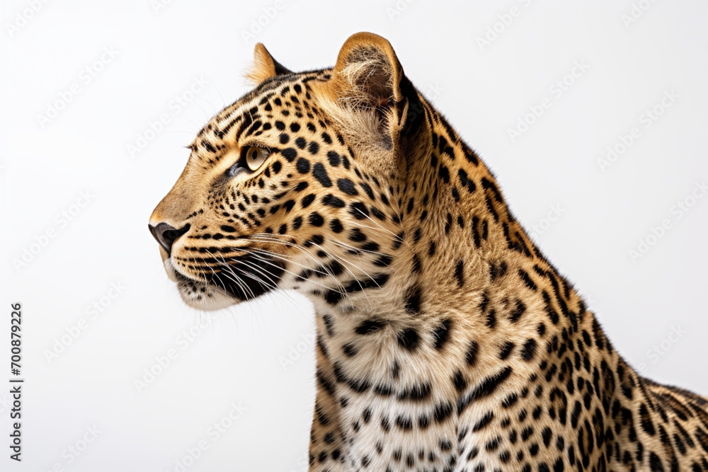 Fototapeta premium Leopard close-up portrait on a white background.