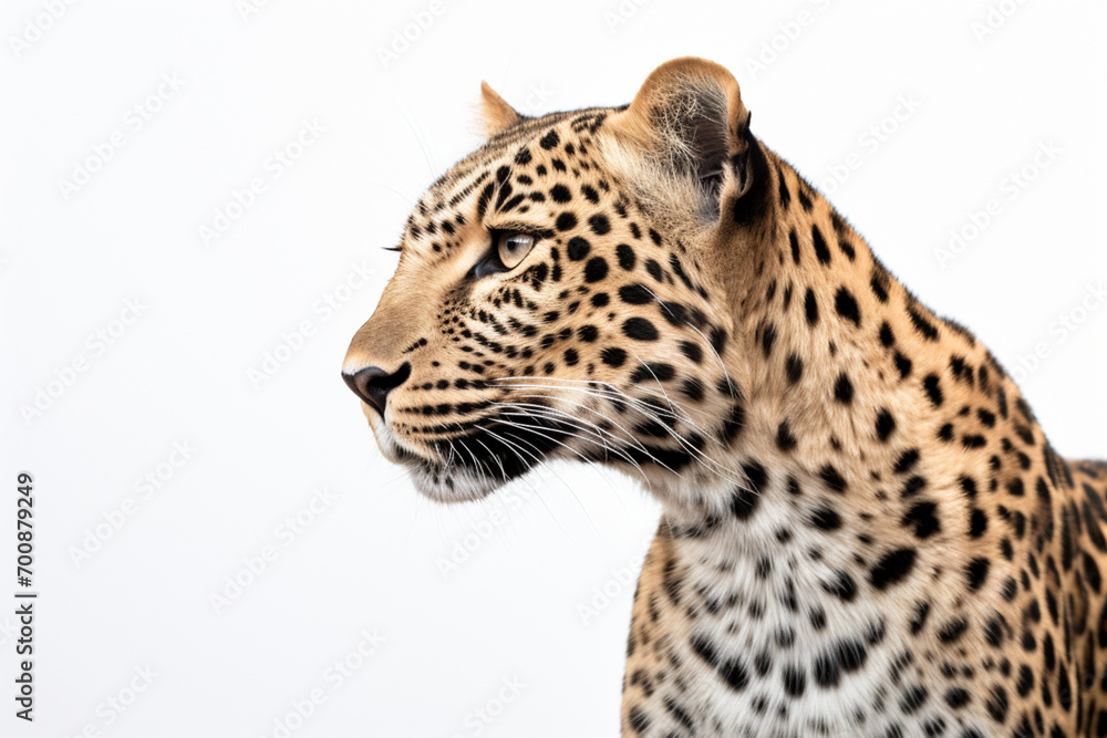 Naklejka premium Leopard close-up portrait on a white background.