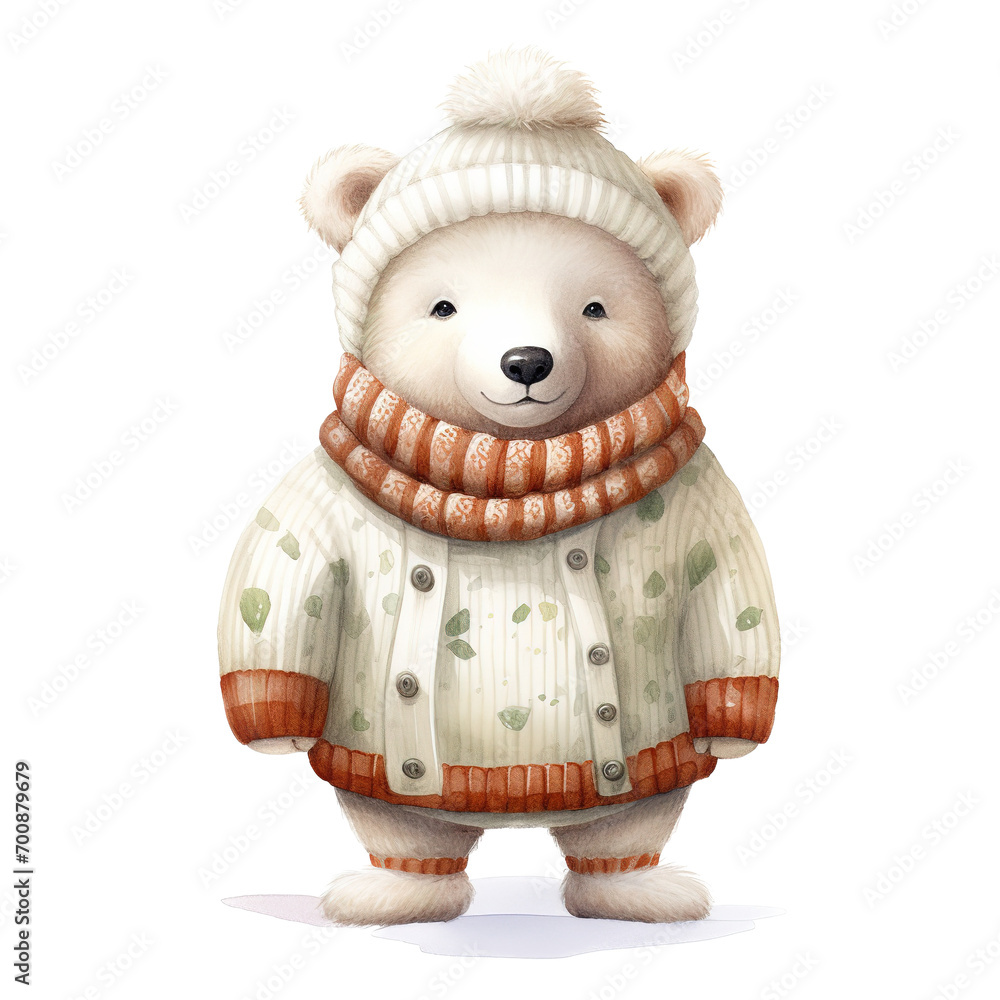 Polar Bear Wearing Winter Clothes For Christmas Event. Watercolor Style. AI Generated Polar Bear Wearing Winter Clothes For Christmas Event. Watercolor Style. AI Generated