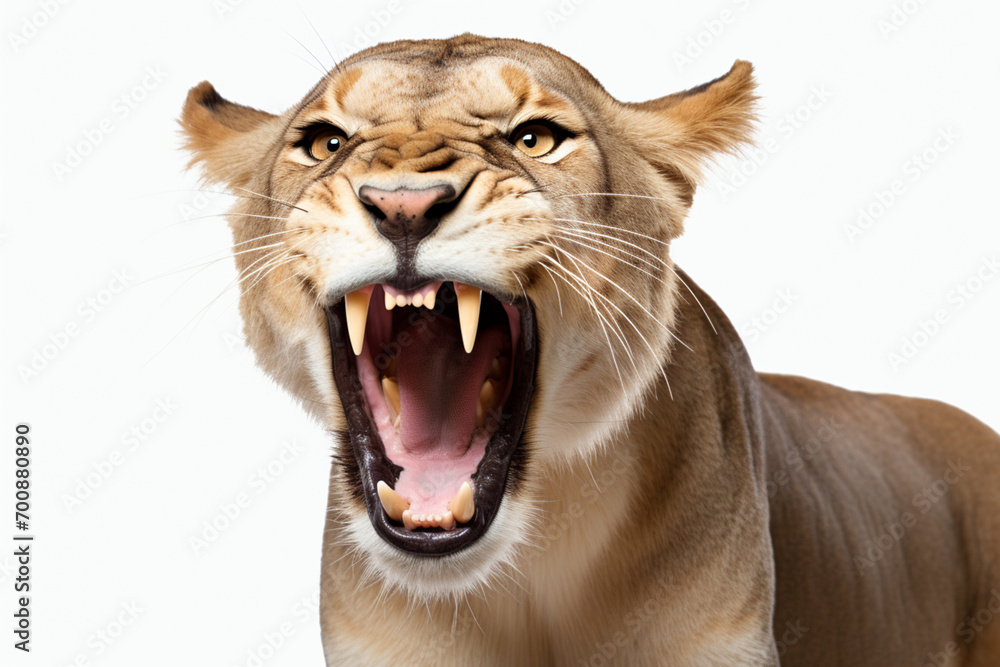 Lioness roaring close-up portrait on a white background. Lioness roaring close-up portrait on a white background.
