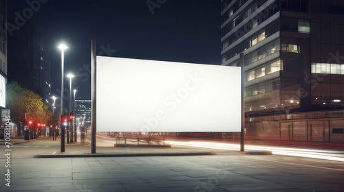 White blank advertising billboard on city night street background.Advertising poster designs.Mockup billboard