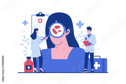 Dermatologist doctor concept. The doctor checks the health of the patient's skin. Vector flat illustration