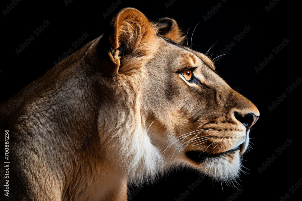 Naklejka premium Lioness close-up portrait on a black background.