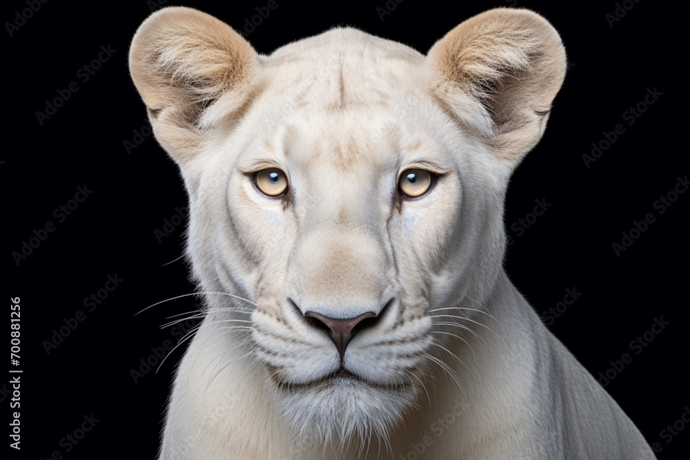 Obraz premium White lioness close-up portrait on a black background.