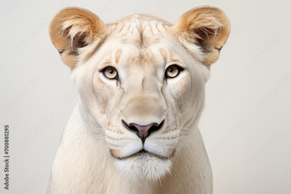 Obraz premium White lioness close-up portrait on a white background.