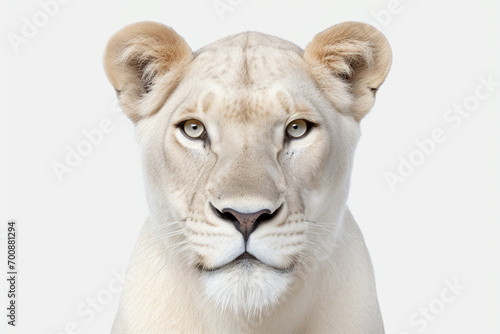 White lioness close-up portrait on a white background.