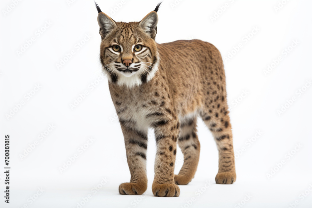 Bobcat standing on a white background. Animal front portrait. Bobcat standing on a white background. Animal front portrait.