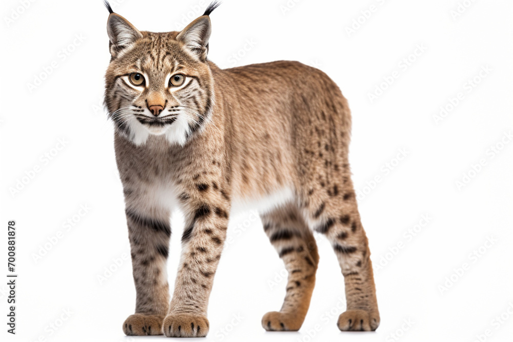 Obraz premium Bobcat standing on a white background. Animal front portrait.