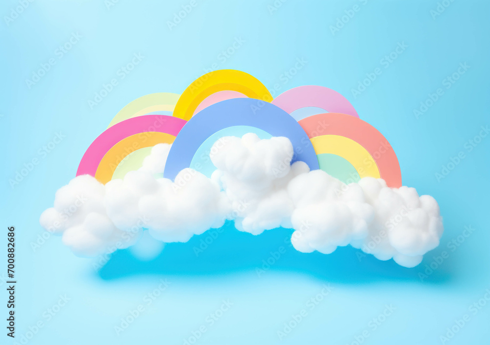 Abstract 3d rainbow with clouds and colorful on a blue background,rainbow cartoon Abstract 3d rainbow with clouds and colorful on a blue background,rainbow cartoon