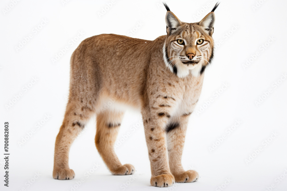 Fototapeta premium Lynx standing on a white background. Animal side portrait.