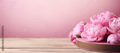 Banner. Spring Pastel Product Podium with Pink Peonies for Branding and Packaging Mockup Presentation. Copy space