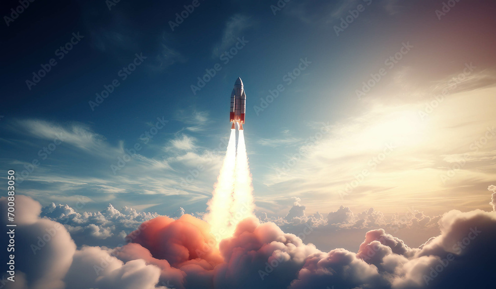 Rocket Fly Over Rocket launches in the sky flying over clouds, soaring over billowing ...