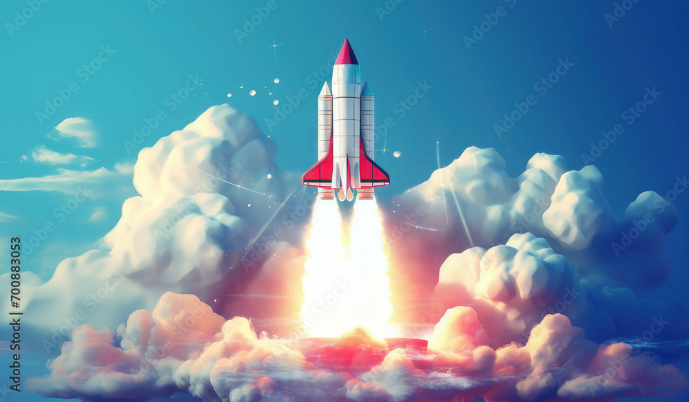 Rocket launches in the sky flying over clouds, soaring over billowing clouds, and leaving a trail of smoke into the vast expanse, the journey of a spaceship