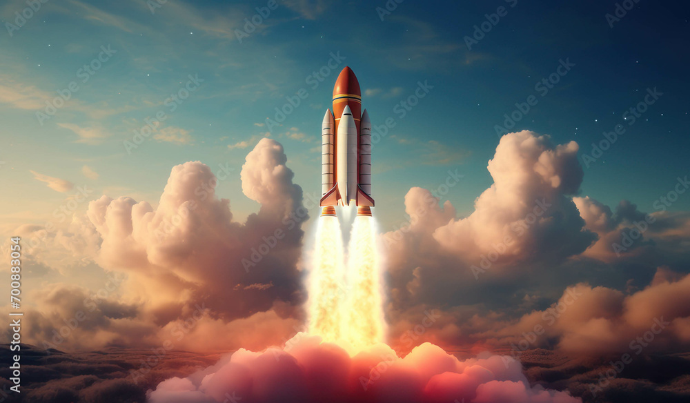 Obraz premium Rocket launches in the sky flying over clouds, soaring over billowing clouds, and leaving a trail of smoke into the vast expanse, the journey of a spaceship