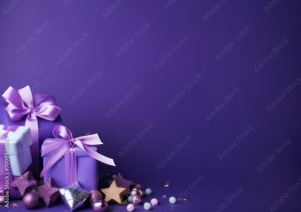 Happy Birthday party with balloons and gift boxes on a purple background.Holiday Background for advertising, promotion, and birthday card or invitation