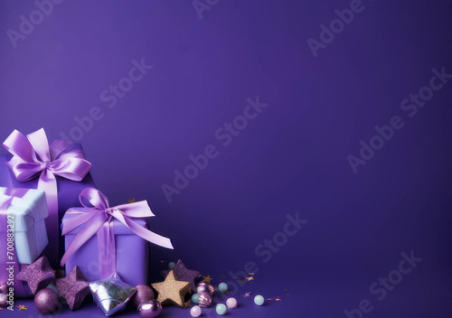 Happy Birthday party with balloons and gift boxes on a purple background.Holiday Background for advertising  promotion  and birthday card or invitation