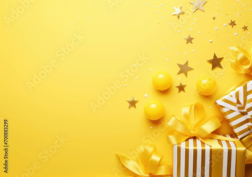 Happy Birthday party with balloons and gift boxes on a yellow background.Holiday Background for advertising, promotion, and birthday card or invitation