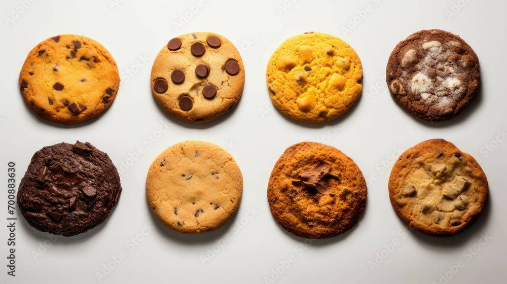 Various chip cookies biscuits, crackers, and Snack in line, flat on a white background. Various chip cookies biscuits, crackers, and Snack in line, flat on a white background.