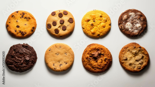 Various chip cookies biscuits, crackers, and Snack in line, flat on a white background.