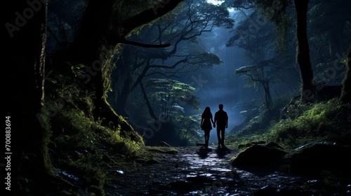 A young man and woman walk through the forest at night under the moonlight. Beautiful tannic forest.