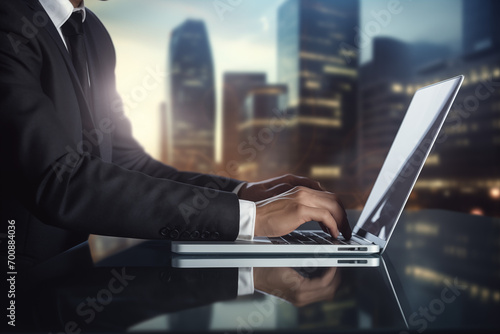 Partial close-up of professional man in suit working on computer in office building office