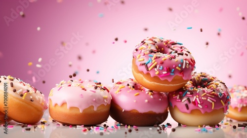 Colorful and decorated donuts falling in motion isolated on transparent background, delicious and sweet