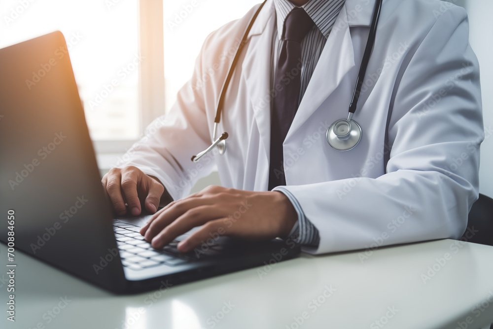 Partial close-up of doctor in white coat working in front of laptop Partial close-up of doctor in white coat working in front of laptop