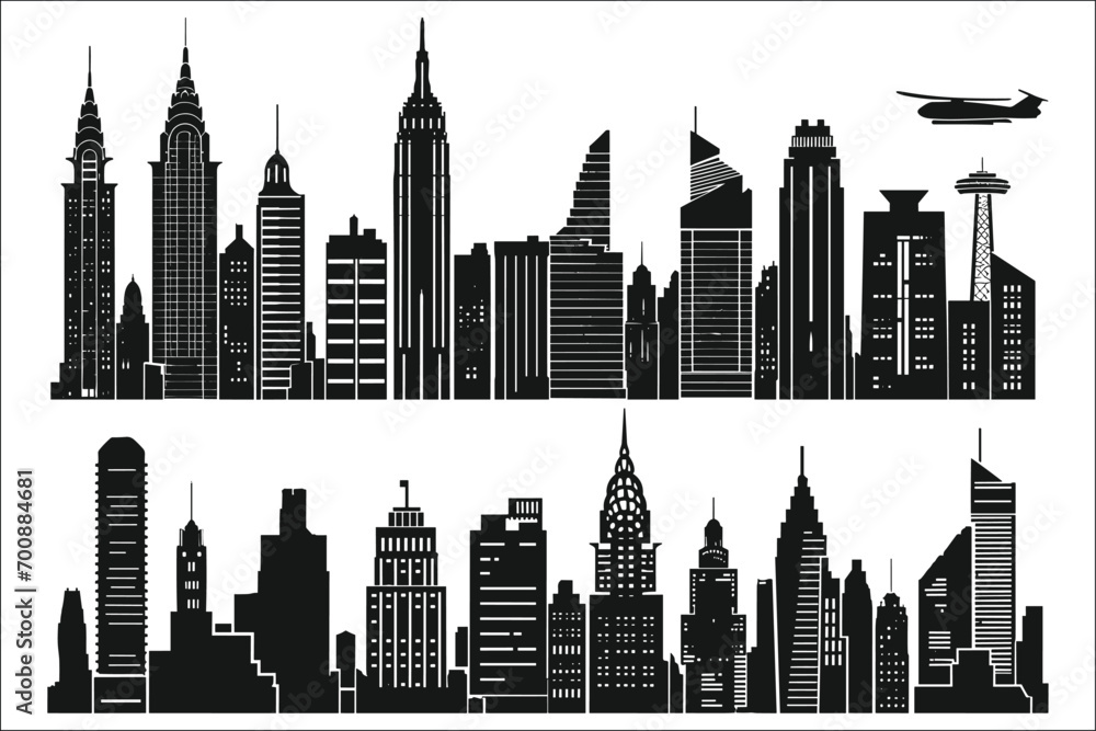 City houses with windows Silhouettes, Vector illustration of black city silhouette with windows