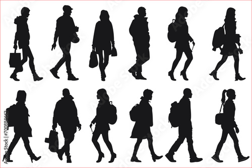 People Walking silhouette icon set, Group of business people walking silhouette 