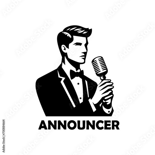 Announcer man holding microphone silhouette vector illustration.