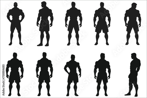 Bodybuilder man silhouette set, Body builder flexing and lifting weights, Man standing vector silhouette set photo