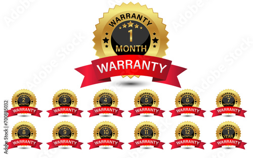 Collection of warranty numbers 1 to 12 months label badge gold, black and red ribbon style, Set of warranty logo design isolated on white background, Vector golden warranty and illustration.