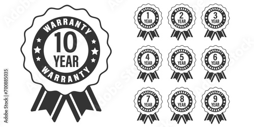Collection of warranty number 1, 2, 3, 4, 5,6 7, 8, 9, 10 year label badge  black and white style, Set of warranty isolated on white background, Vector  illustration.