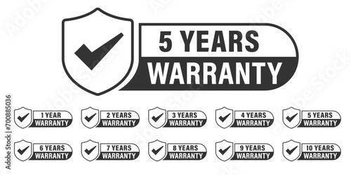 Collection of warranty number 1, 2, 3, 4, 5,6 7, 8, 9, 10 year label badge  black and white style, Set of warranty isolated on white background, Vector  illustration. photo