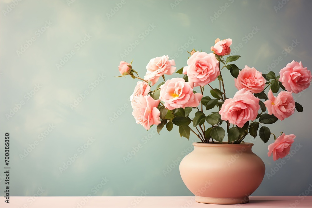 roses in a clay pot, minimalism, pastel background, reality, stock photograph