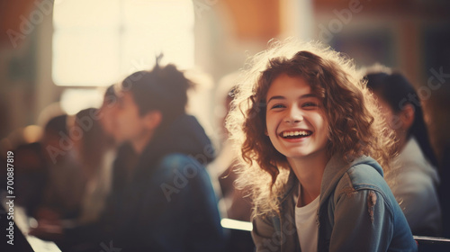 A cheerful young girl with curly hair grins enthusiastically during a lesson in a sunlit school classroom.