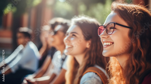 Group of smiling teenage students with glasses enjoying a lesson outdoors, bathed in golden sunlight. photo
