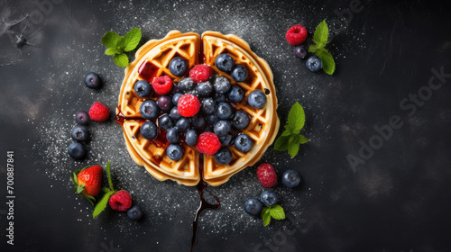 A sumptuous waffle adorned with juicy berries and a rich chocolate sauce, presented on a dark surface.