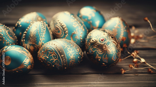 Stunning blue Easter eggs with elaborate gold decorations and designs, evoking a sense of tradition and luxury.