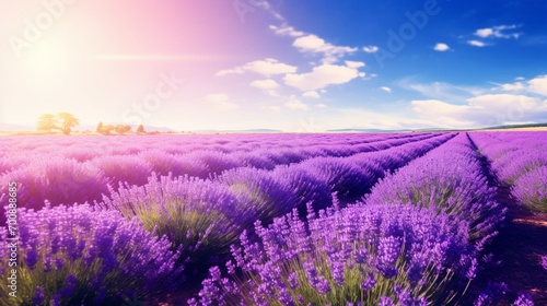 Lavender field at sunset light in Provence  amazing sunny landscape with fiery sky and sun  France