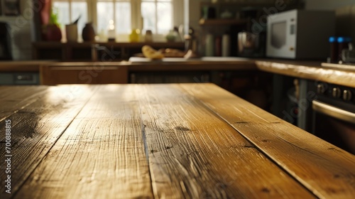 Empty table in modern kitchen interior, Empty wooden counter table top for product display