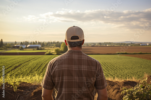 Rear view of young farmer looking out over wheat field. © Pierre