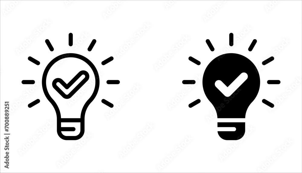 black bulb with checkmark like quick tip icon. flat stroke linear simple trend modern efficiency logotype design element isolated on white background. - obrazy, fototapety, plakaty 