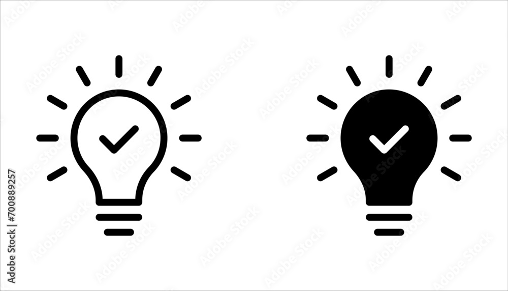 black bulb with checkmark like quick tip icon. flat stroke linear simple trend modern efficiency logotype design element isolated on white background. - obrazy, fototapety, plakaty 