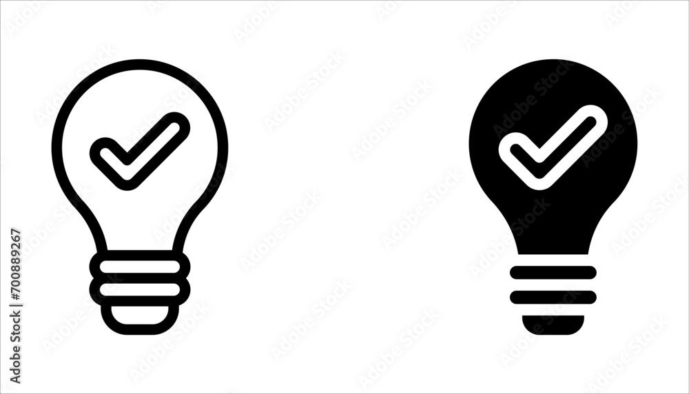 black bulb with checkmark like quick tip icon. flat stroke linear simple trend modern efficiency logotype design element isolated on white background. black bulb with checkmark like quick tip icon. flat stroke linear simple trend modern efficiency logotype design element isolated on white background.