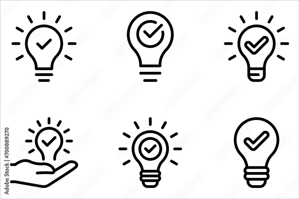 black bulb with checkmark like quick tip icon. flat stroke linear simple trend modern efficiency logotype design element isolated on white background. black bulb with checkmark like quick tip icon. flat stroke linear simple trend modern efficiency logotype design element isolated on white background.